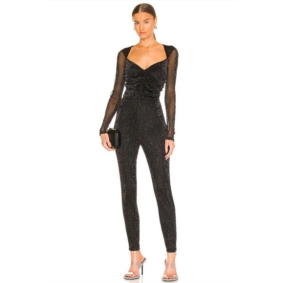 NWT NBD Revolve Black Shimmer Sienna Catsuit Jumpsuit Sheer Sleeves Ruched‎ S